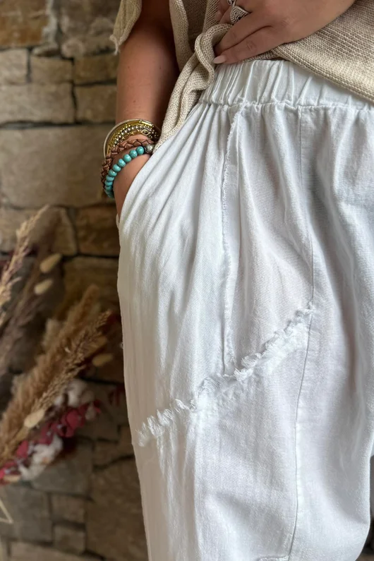 Rustic Nature Linen Blend Barrel Pant White